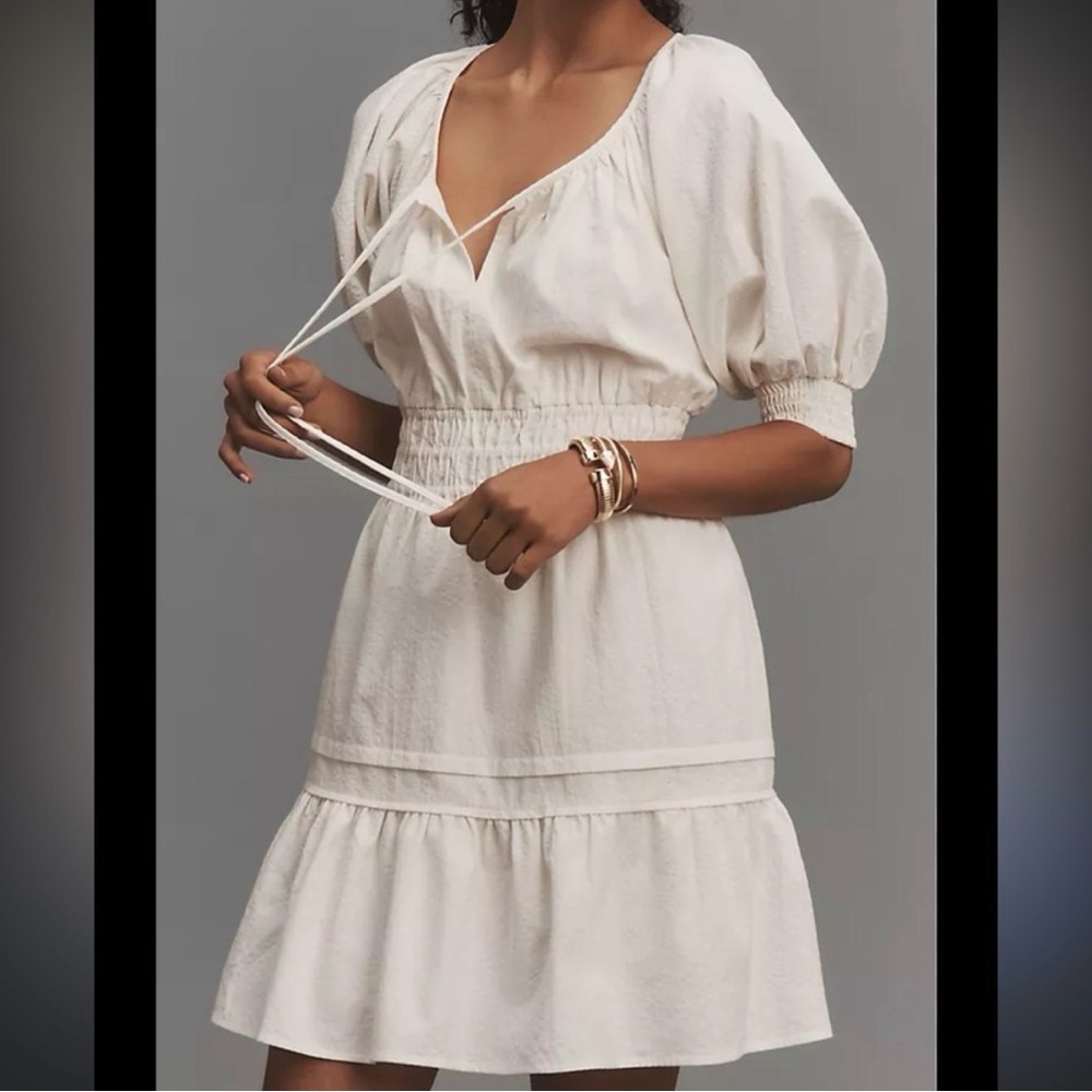 EUC Anthropologie Ivory Puff-Sleeve Smocked Mini Dress